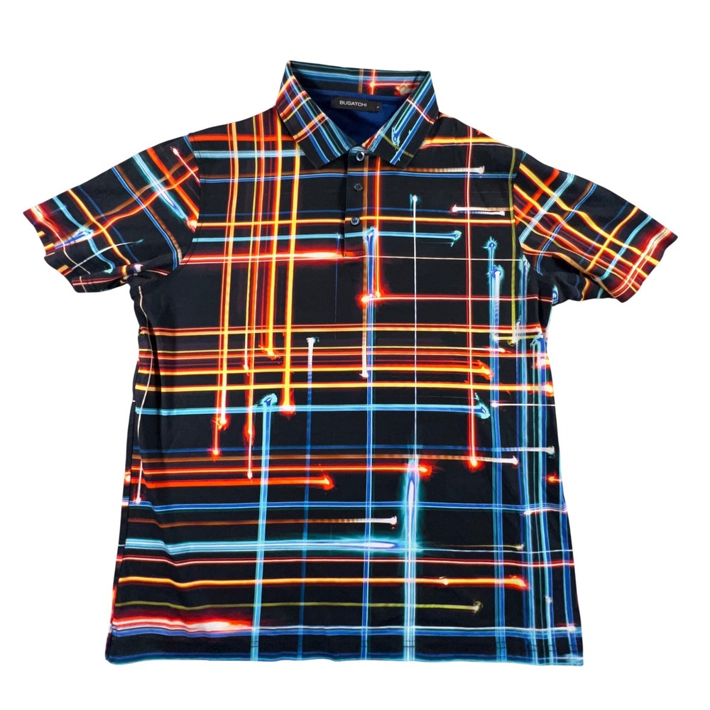 Bugatchi Mens Mercerized Cotton Neon Plaid Polo Shirt Black Large KF2521 F21